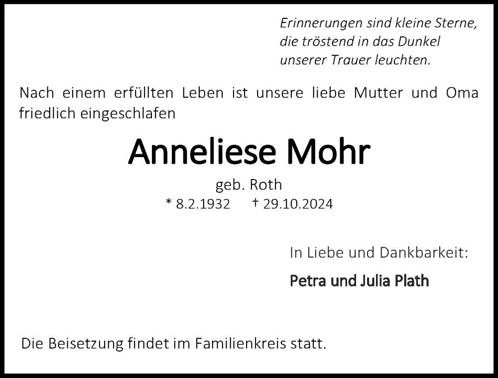  Traueranzeige für Anneliese Mohr vom 02.11.2024 aus Darmstädter Echo