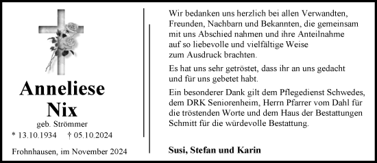 Traueranzeige von Anneliese Nix von Dill Block
