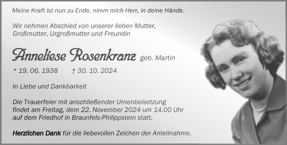  Traueranzeige für Anneliese Rosenkranz vom 19.11.2024 aus Wetzlarer Neue Zeitung