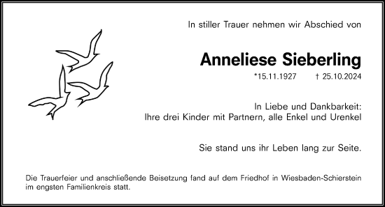 Traueranzeige von Anneliese Sieberling von Wiesbadener Kurier