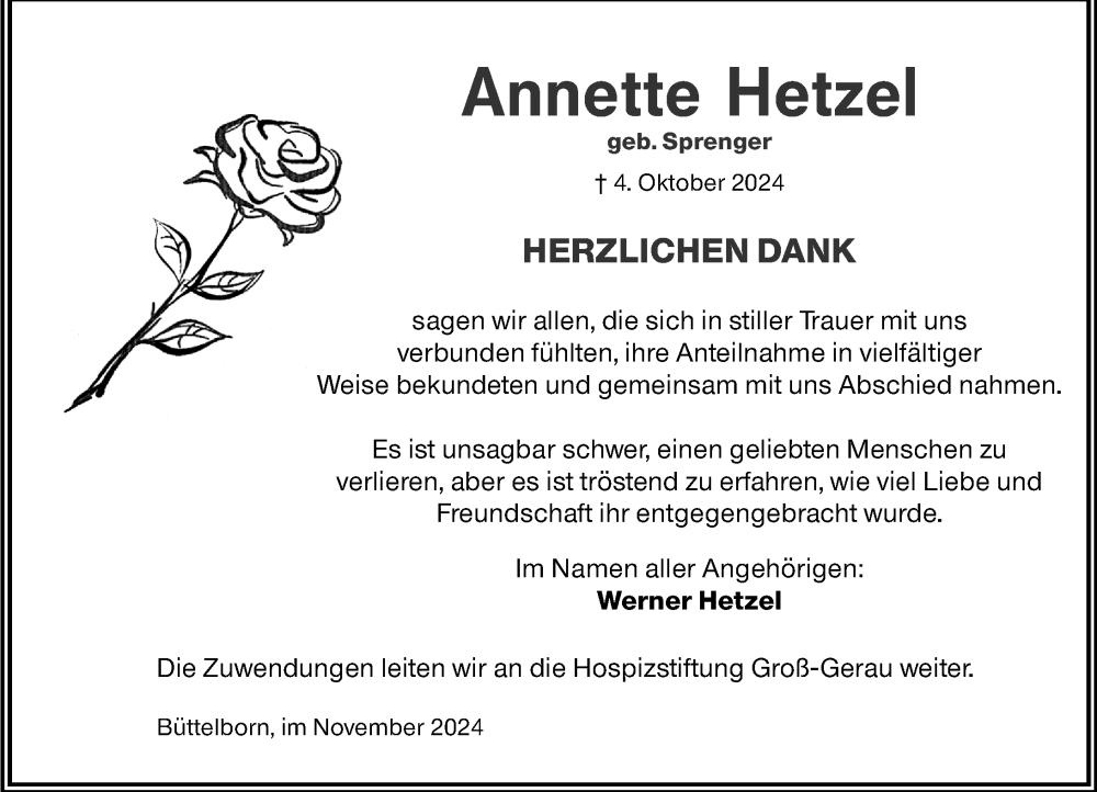  Traueranzeige für Annette Hetzel vom 09.11.2024 aus Groß-Gerauer Echo