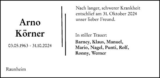 Traueranzeige von Arno Körner von Rüsselsheimer Echo