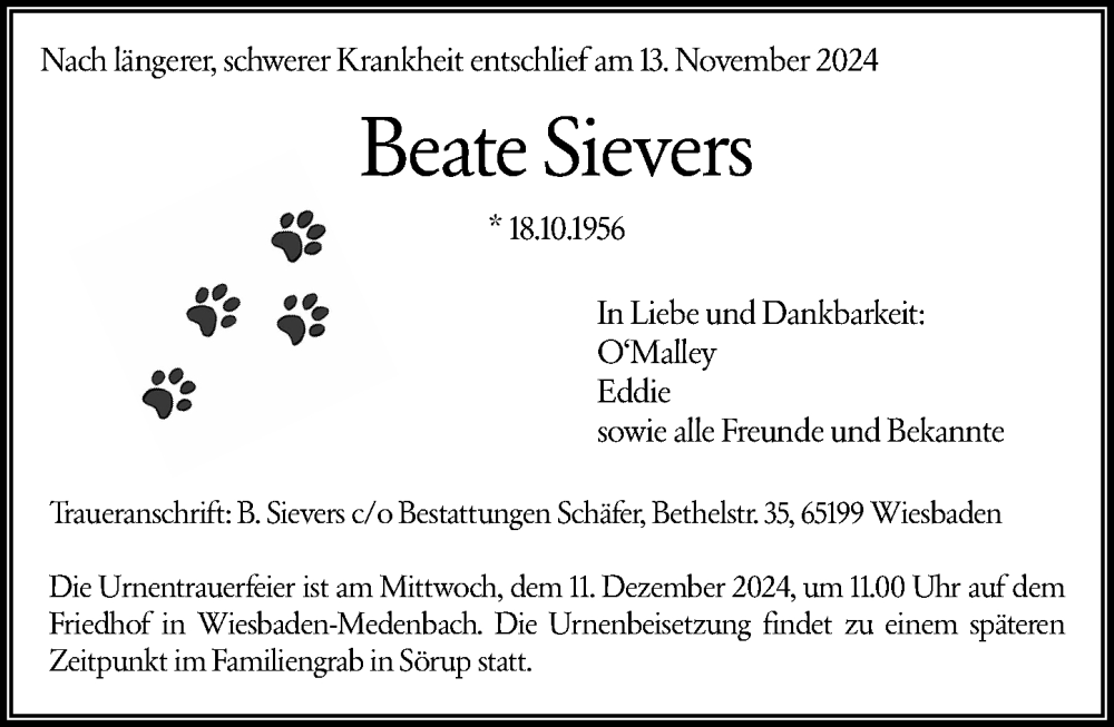  Traueranzeige für Beate Sievers vom 30.11.2024 aus Wiesbadener Kurier