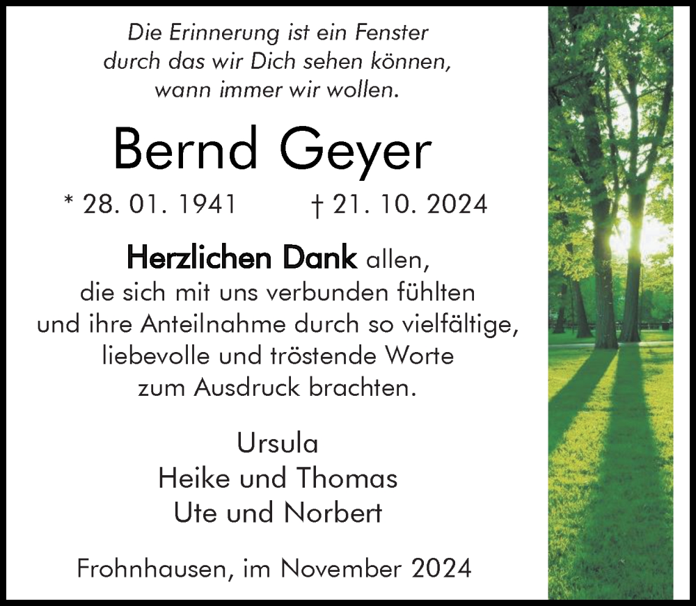  Traueranzeige für Bernd Geyer vom 23.11.2024 aus Dill Block