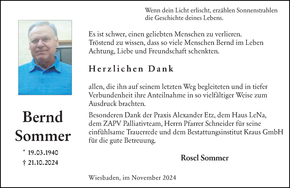  Traueranzeige für Bernd Sommer vom 23.11.2024 aus Wiesbadener Kurier