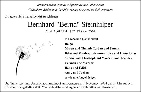 Traueranzeige von Bernhard Steinhilper von Rüsselsheimer Echo