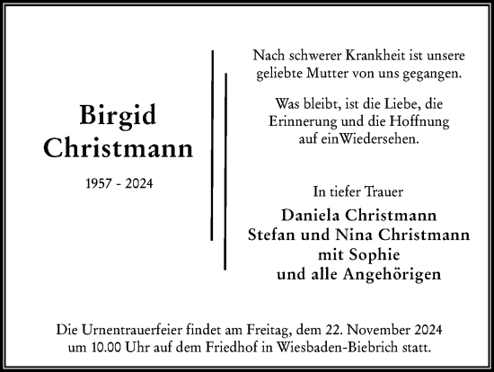 Traueranzeige von Birgid Christmann von Wiesbadener Kurier