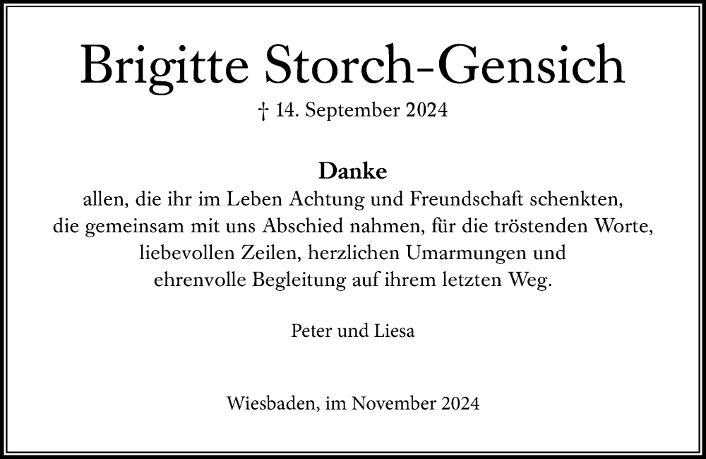  Traueranzeige für Brigitte Storch-Gensich vom 09.11.2024 aus Wiesbadener Kurier