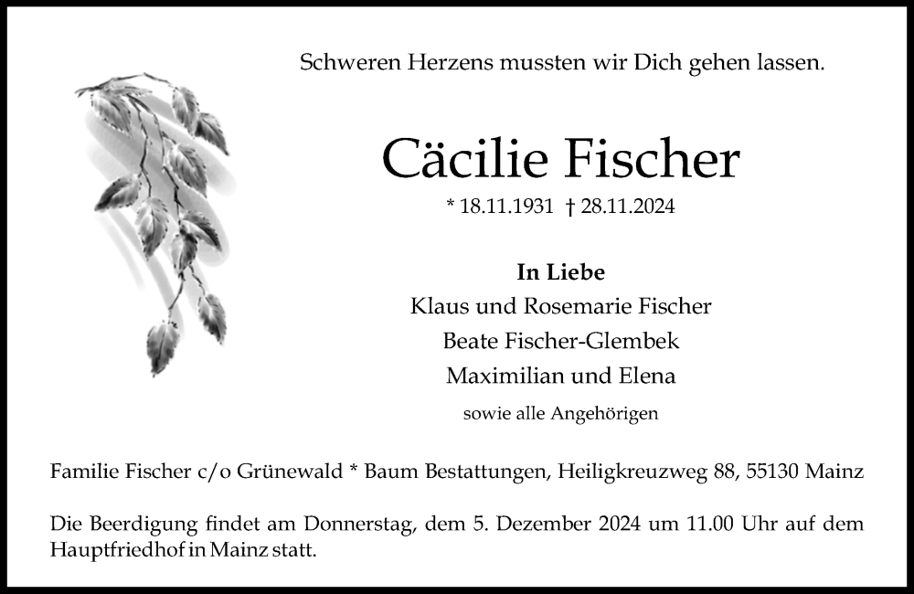  Traueranzeige für Cäcilie Fischer vom 30.11.2024 aus Allgemeine Zeitung Mainz