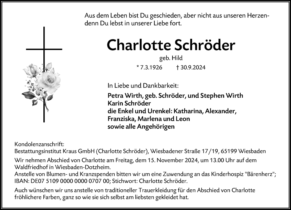  Traueranzeige für Charlotte Schröder vom 02.11.2024 aus Wiesbadener Kurier