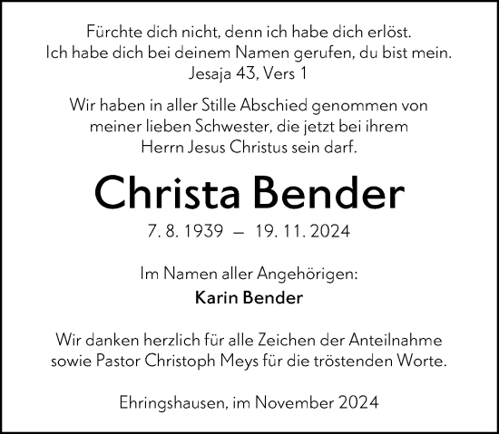 Traueranzeige von Christa Bender von Wetzlarer Neue Zeitung