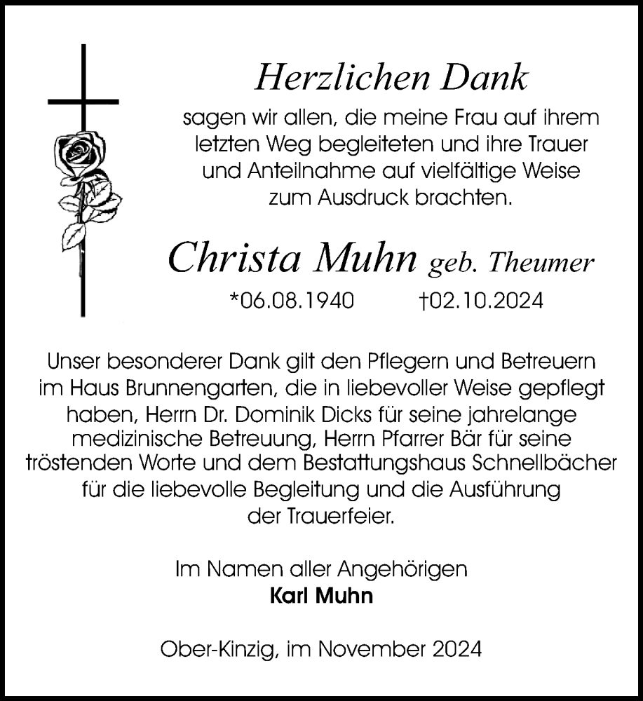  Traueranzeige für Christa Muhn vom 23.11.2024 aus Odenwälder Echo