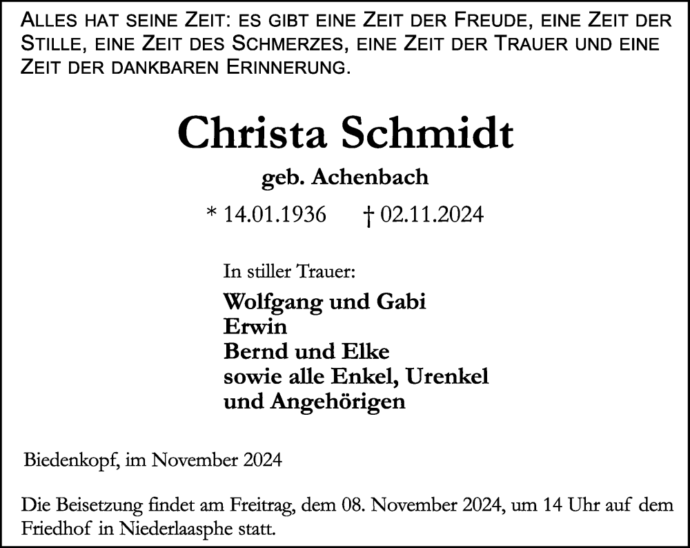  Traueranzeige für Christa Schmidt vom 06.11.2024 aus Hinterländer Anzeiger