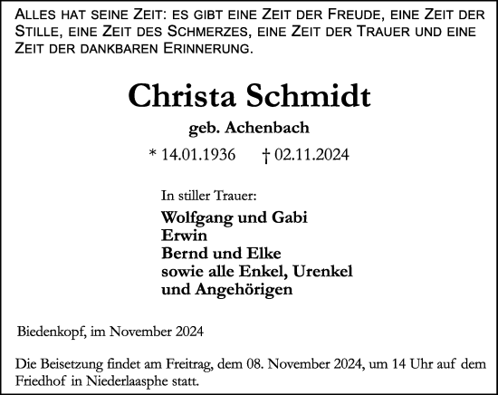 Traueranzeige von Christa Schmidt von Hinterländer Anzeiger