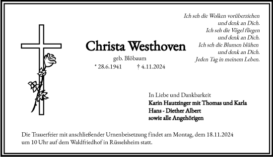 Traueranzeige von Christa Westhoven von Rüsselsheimer Echo