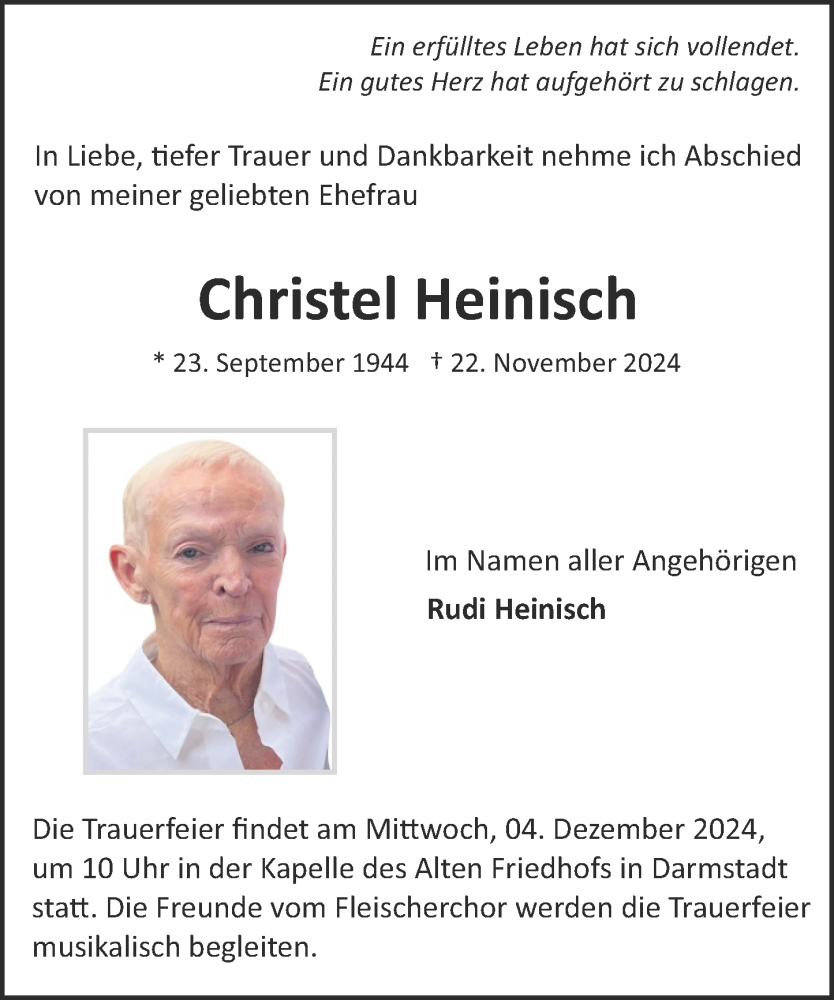  Traueranzeige für Christel Heinisch vom 30.11.2024 aus Darmstädter Echo