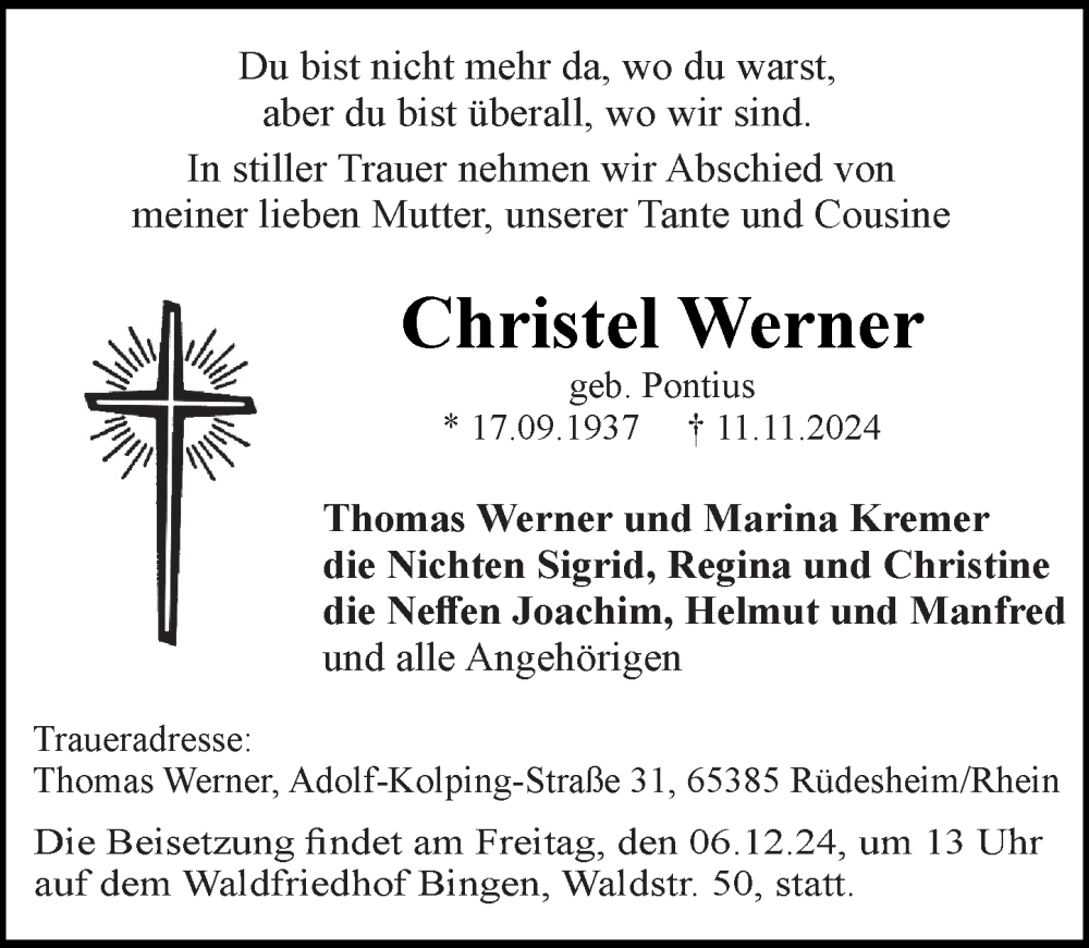  Traueranzeige für Christel Werner vom 30.11.2024 aus Binger-/Ingelheimer Wochenblatt