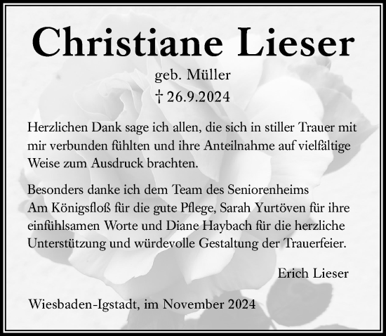 Traueranzeige von Christiane Lieser von Wiesbadener Kurier
