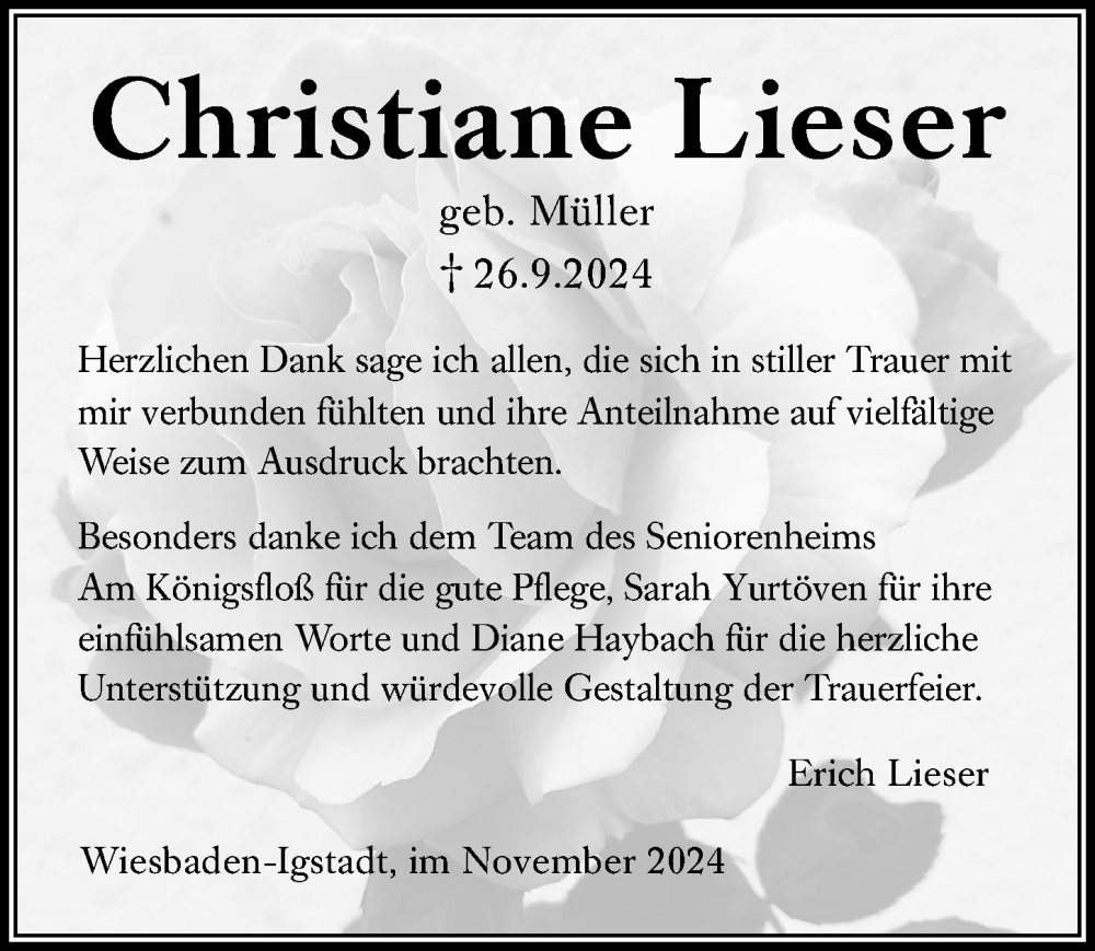  Traueranzeige für Christiane Lieser vom 09.11.2024 aus Wiesbadener Kurier