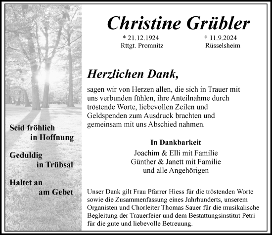 Traueranzeige von Christine Grübler von Rüsselsheimer Echo