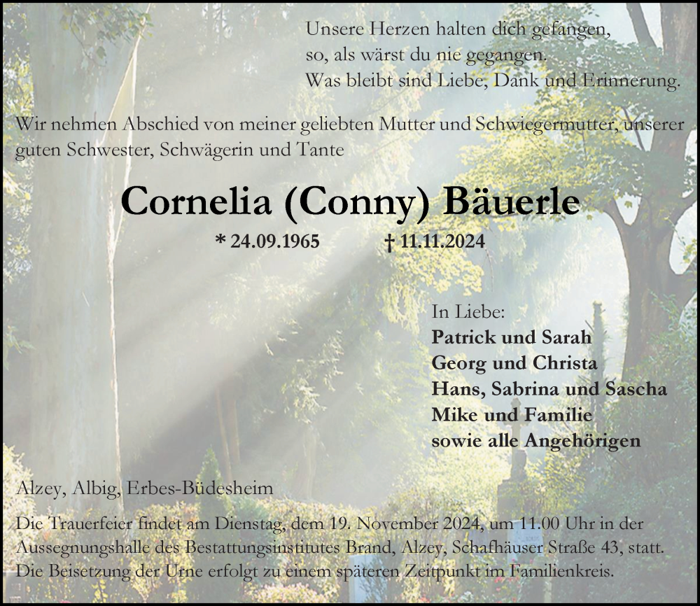  Traueranzeige für Cornelia Bäuerle vom 16.11.2024 aus Allgemeine Zeitung Alzey