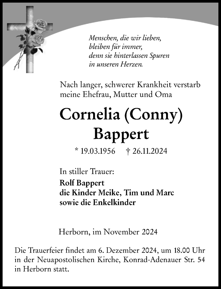  Traueranzeige für Cornelia Bappert vom 30.11.2024 aus Dill Block
