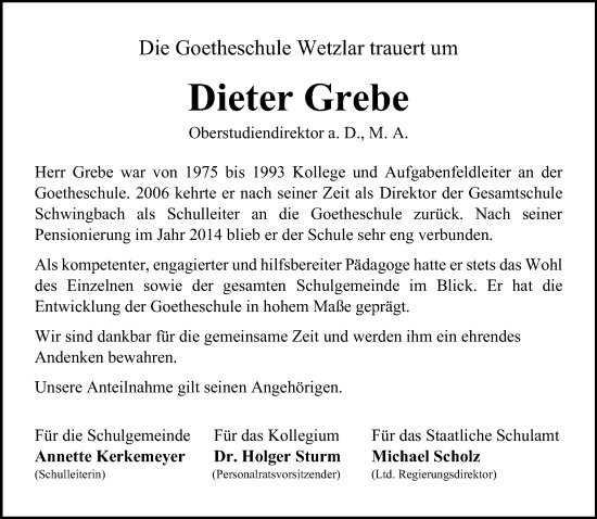 Traueranzeige von Dieter Grebe von Wetzlarer Neue Zeitung
