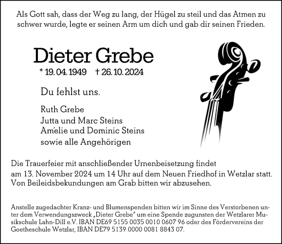 Traueranzeige von Dieter Grebe von Wetzlarer Neue Zeitung