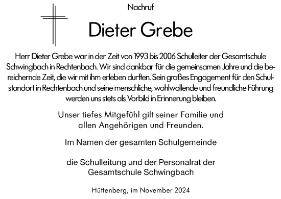 Traueranzeige von Dieter Grebe von Wetzlarer Neue Zeitung