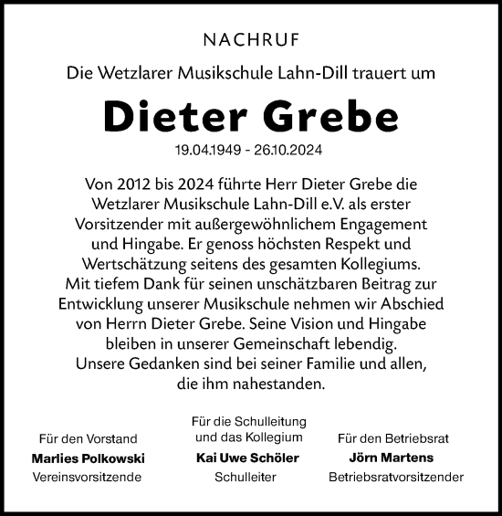 Traueranzeige von Dieter Grebe von Wetzlarer Neue Zeitung