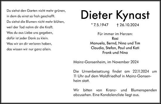 Traueranzeige von Dieter Kynast von Allgemeine Zeitung Mainz