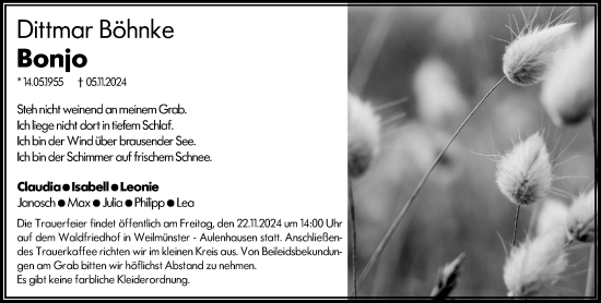 Traueranzeige von Dittmar Böhnke von Weilburger Tageblatt