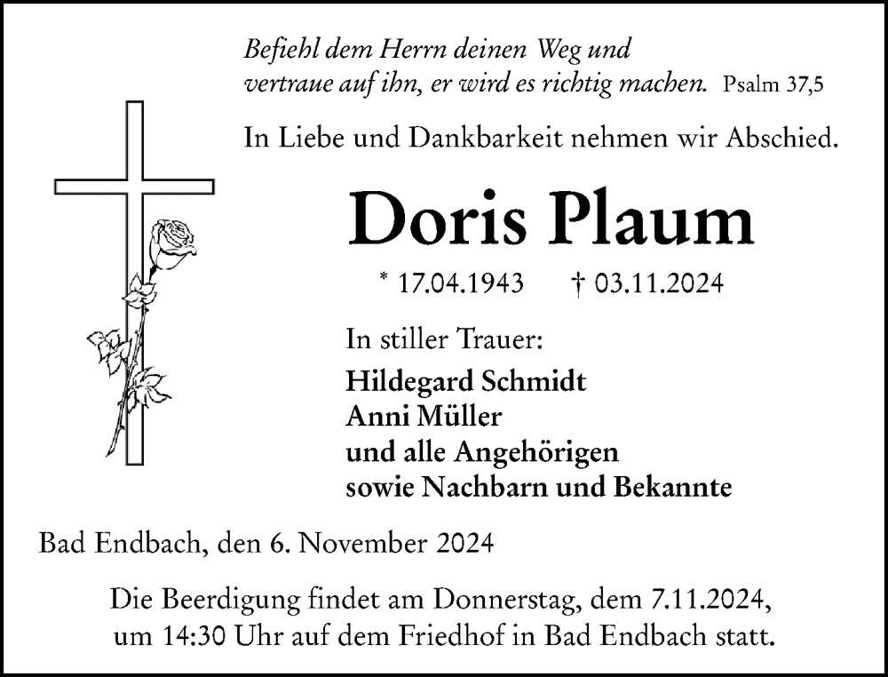  Traueranzeige für Doris Plaum vom 06.11.2024 aus Hinterländer Anzeiger