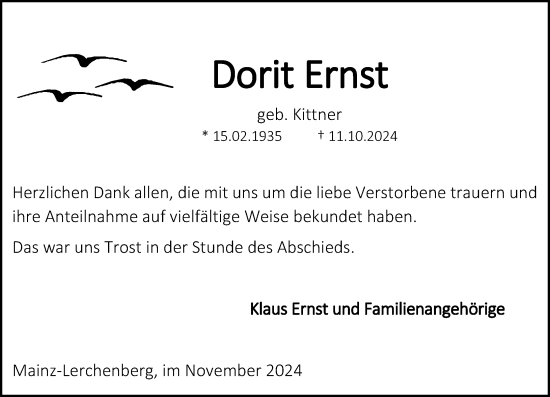 Traueranzeige von Dorit Ernst von Allgemeine Zeitung Mainz