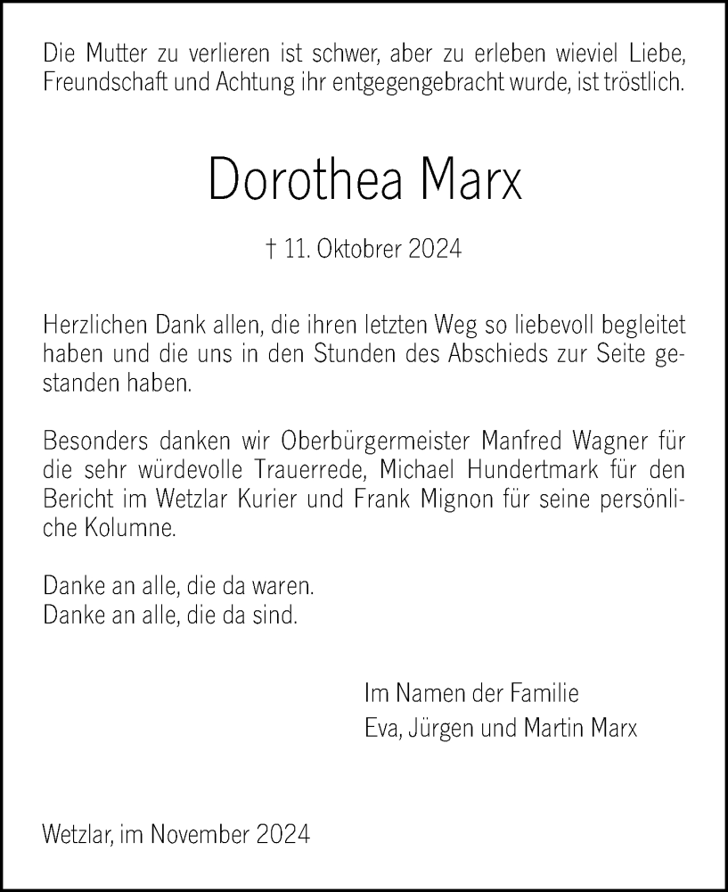  Traueranzeige für Dorothea Marx vom 23.11.2024 aus Wetzlarer Neue Zeitung