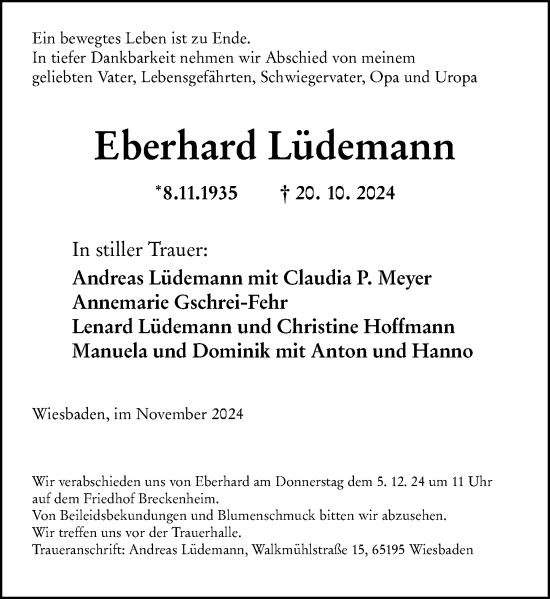 Traueranzeige von Eberhard Lüdemann von Wiesbadener Kurier