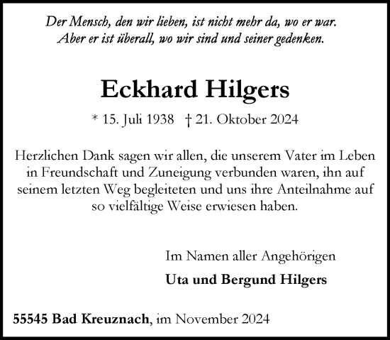 Traueranzeige von Eckhard Hilgers von Allgemeine Zeitung Rheinhessen-Nahe