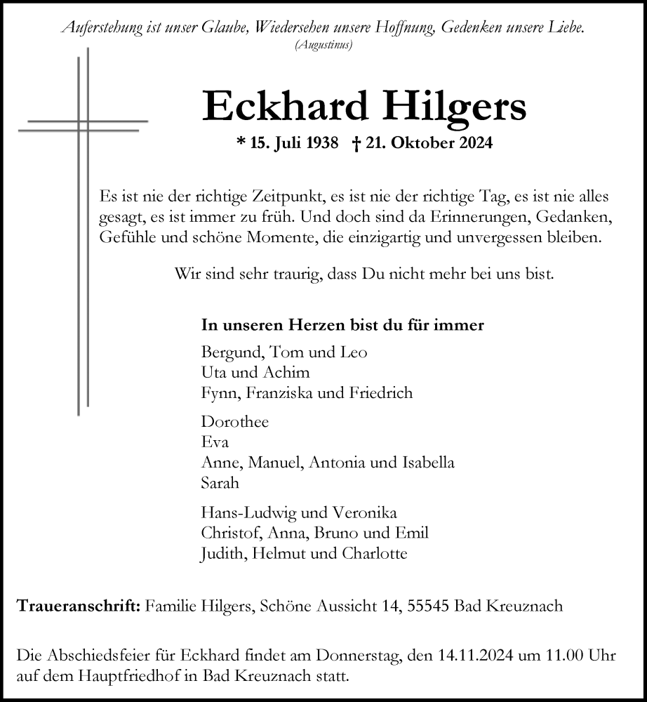  Traueranzeige für Eckhard Hilgers vom 09.11.2024 aus Allgemeine Zeitung Rheinhessen-Nahe