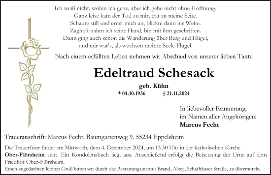 Traueranzeige von Edeltraud Schesack von Allgemeine Zeitung Alzey