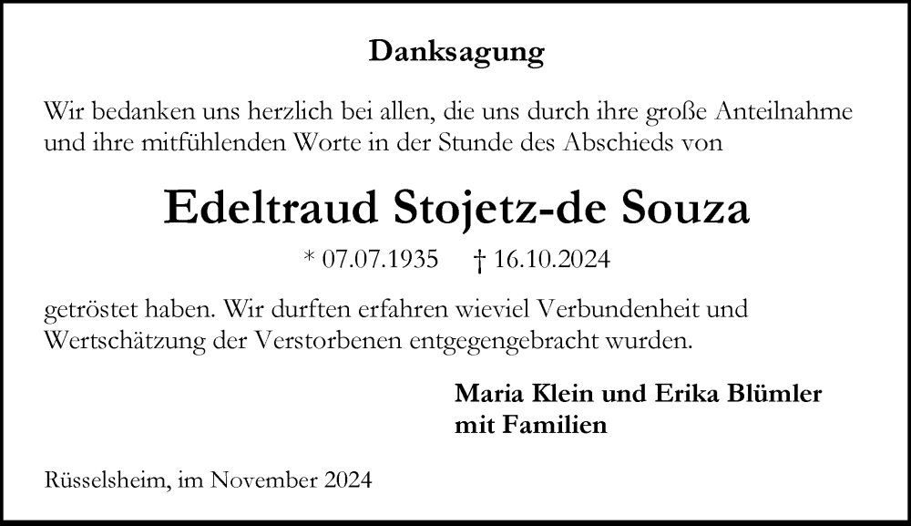  Traueranzeige für Edeltraud Stojetz-de Souza vom 09.11.2024 aus Rüsselsheimer Echo
