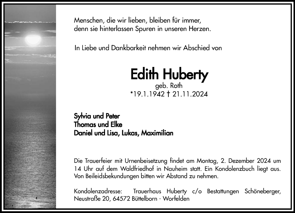  Traueranzeige für Edith Huberty vom 30.11.2024 aus Groß-Gerauer Echo