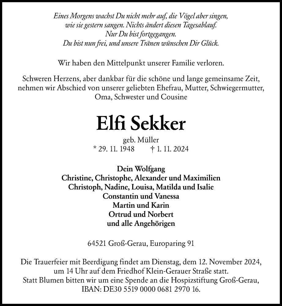  Traueranzeige für Elfi Sekker vom 06.11.2024 aus Groß-Gerauer Echo