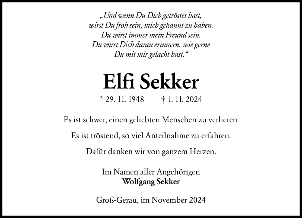  Traueranzeige für Elfi Sekker vom 30.11.2024 aus Groß-Gerauer Echo