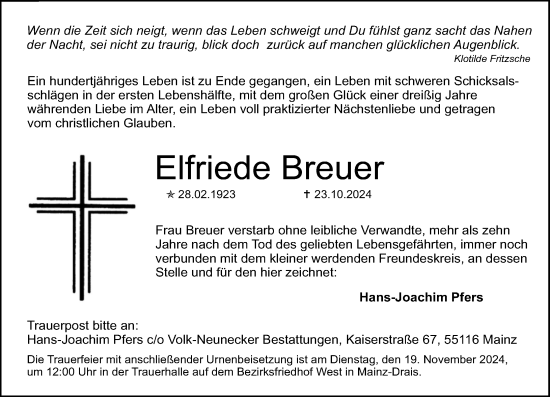 Traueranzeige von Elfriede Breuer von Allgemeine Zeitung Mainz