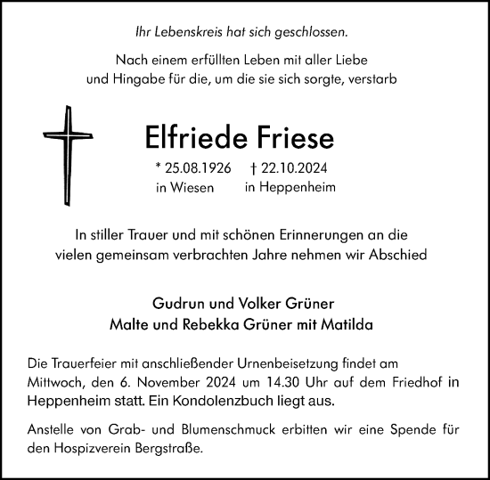Traueranzeige von Elfriede Friese von Starkenburger Echo