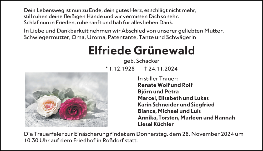  Traueranzeige für Elfriede Grünewald vom 27.11.2024 aus Darmstädter Echo