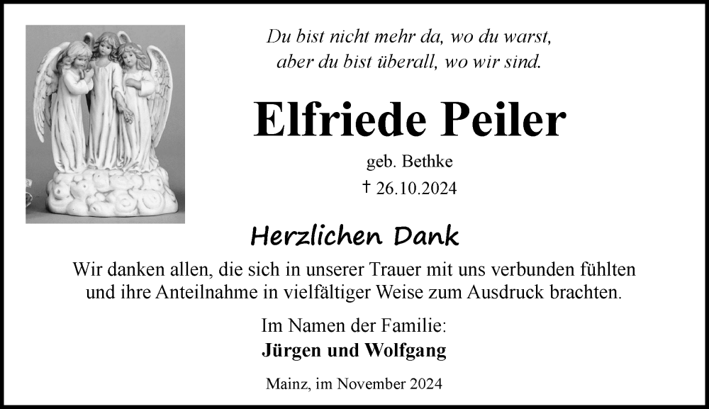  Traueranzeige für Elfriede Peiler vom 30.11.2024 aus Allgemeine Zeitung Mainz
