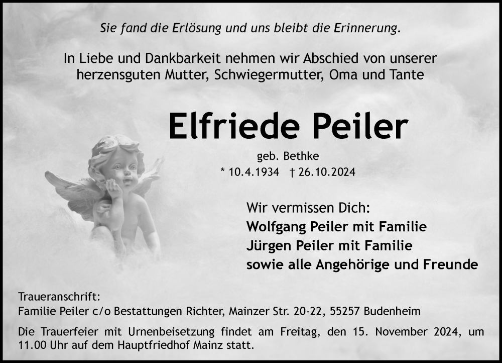  Traueranzeige für Elfriede Peiler vom 09.11.2024 aus Allgemeine Zeitung Mainz