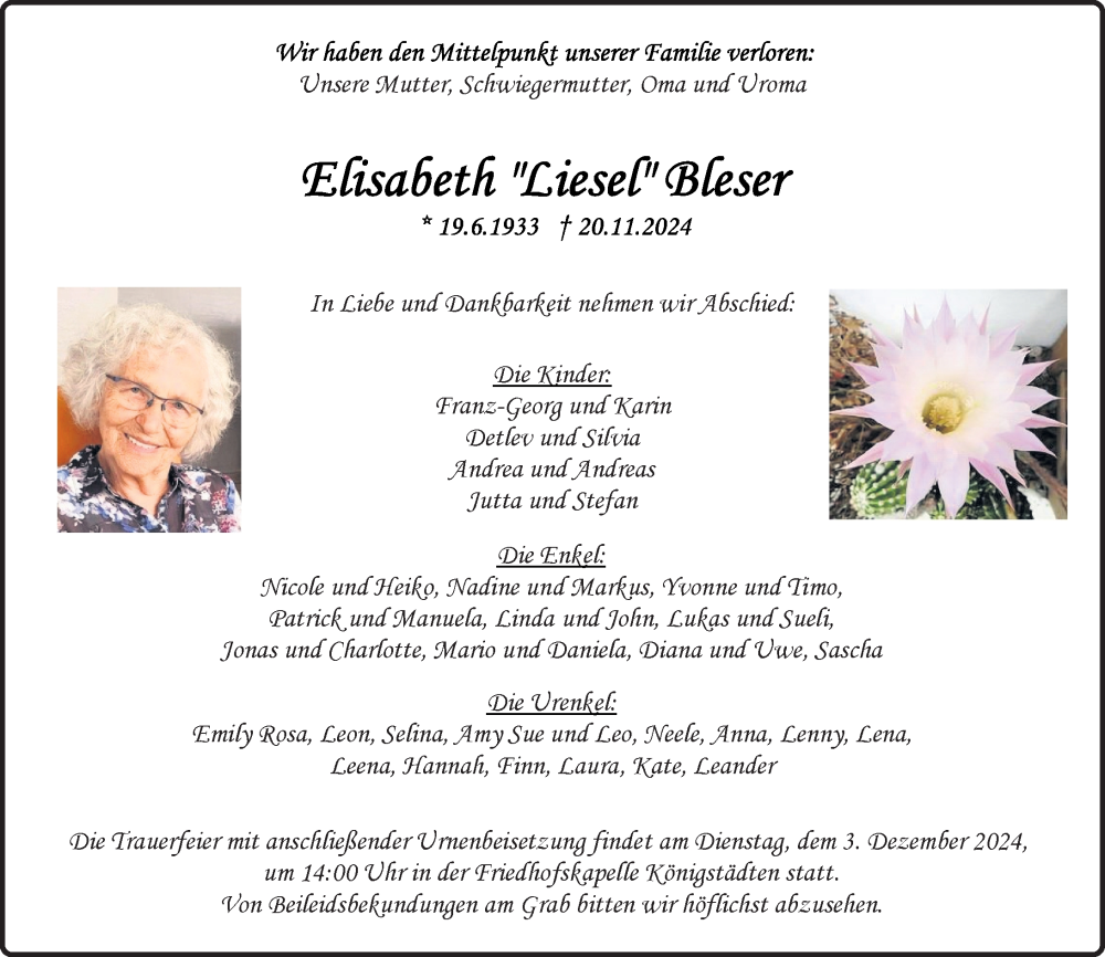  Traueranzeige für Elisabeth Bleser vom 30.11.2024 aus Rüsselsheimer Echo