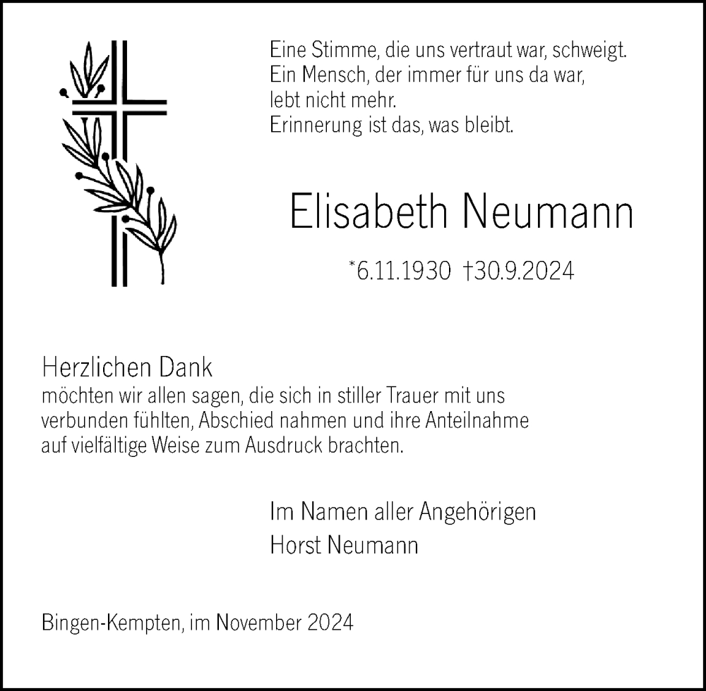  Traueranzeige für Elisabeth Neumann vom 23.11.2024 aus Allgemeine Zeitung Rheinhessen-Nahe